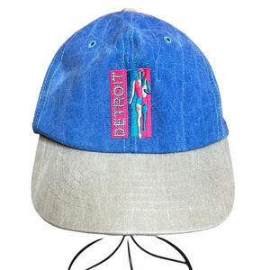 Vintage 90s Detroit Marathon Ford Snapback Hat Blue Denim Embroidered Cap USA